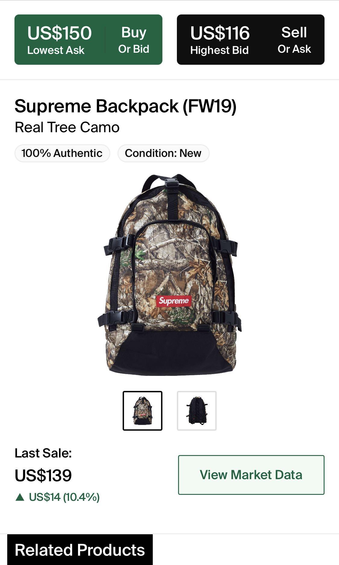 NWT Supreme Real Tree Camo Red Box Logo Backpack Bag FW19 Men's DS  AUTHENTIC