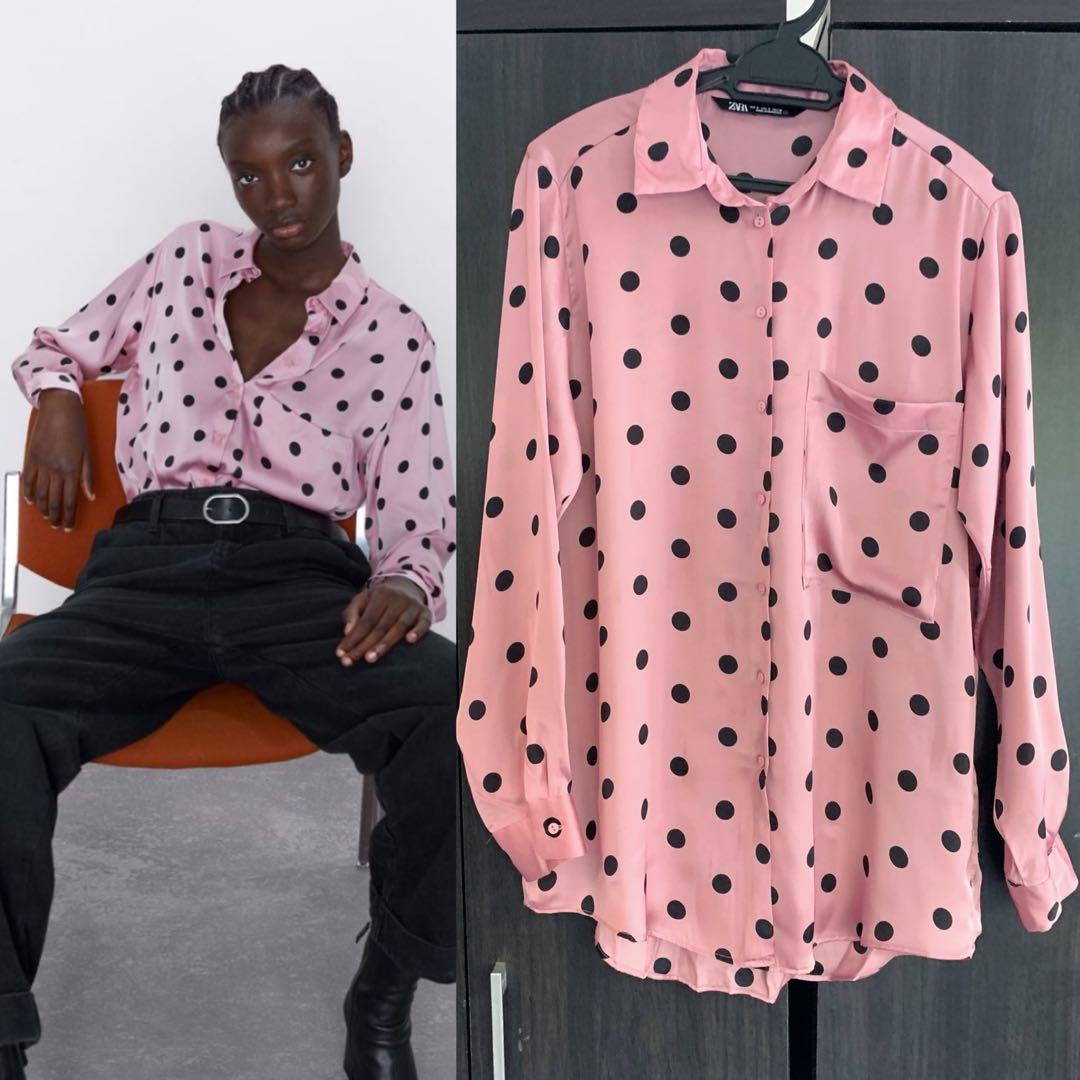 ZARA Polkadot Satin Pink Shirt Blouse Top, Women's Fashion, Tops