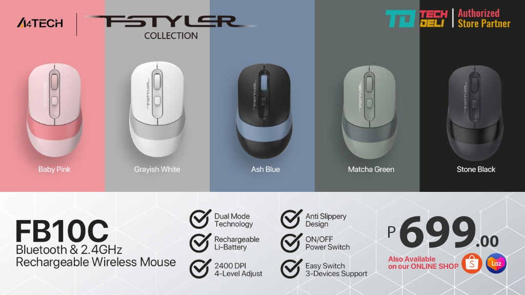 A4Tech FStyler FB10C Bluetooth & 2.4GHz Wireless Rechargeable Mouse for ...