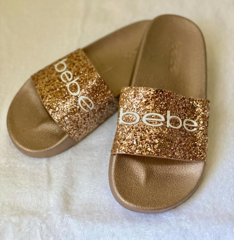 NEW BEBE FRAIDA ROSE GOLD GLITTER SLIP ON SLIDES SANDALS SLIPPERS