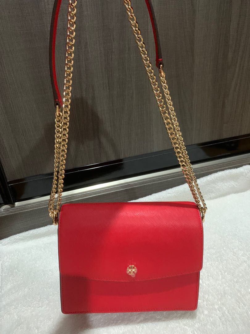 Tory Burch Emerson Envelope Adjustable Chain Shoulder Bag Brilliant Red