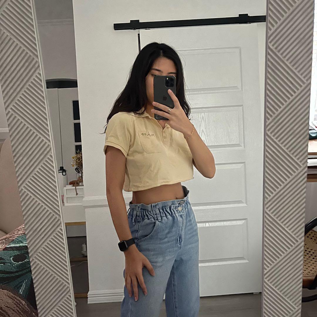 Yellow Flower Polo Crop Top Women s Fashion Tops Shirts on