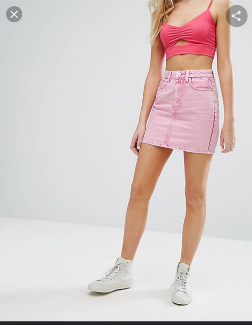 Pink denim skirt bershka top