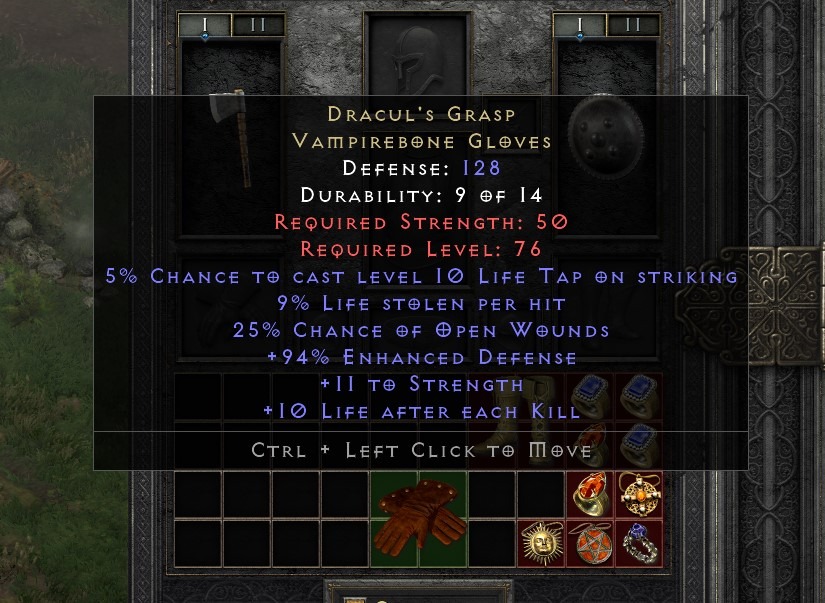 Diablo 2 Dracul's Grasp Vampirebone Gloves Lift Steal + ED + Open Wound