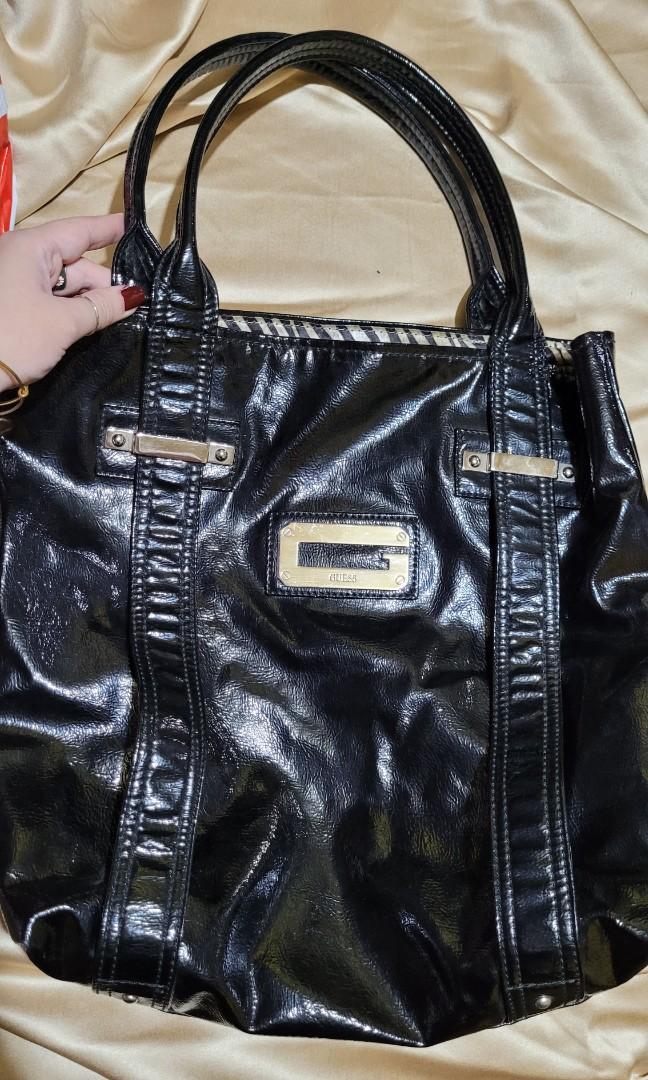 Guess Handbag Black Faux Patent Leather Purse Satchel Silver Hardware  Classic | eBay