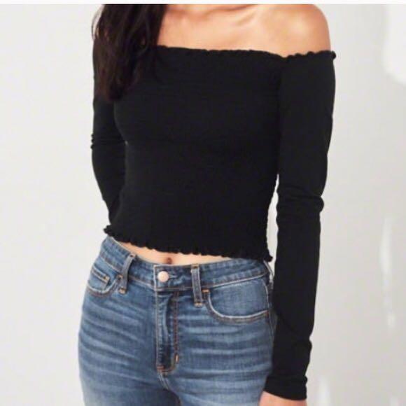 Hollister smocked off the shoulder crop top sales