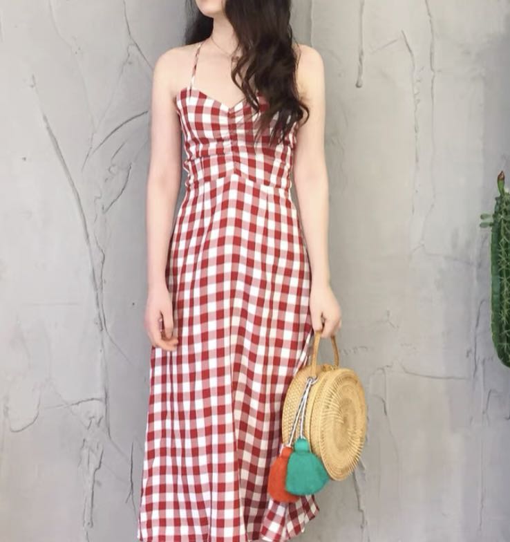 Red gingham maxi dress top