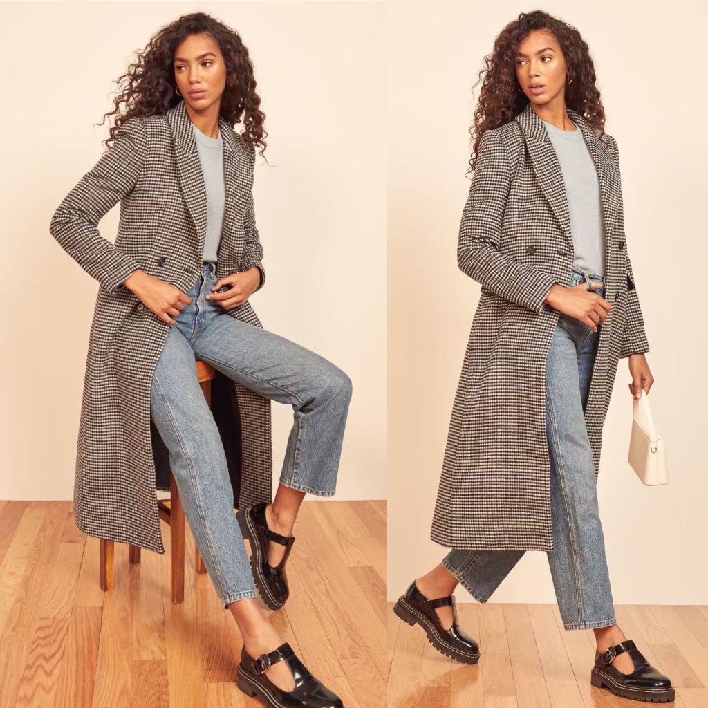 Reformation York Coat in Light Grey Plaid Black White Check Authentic