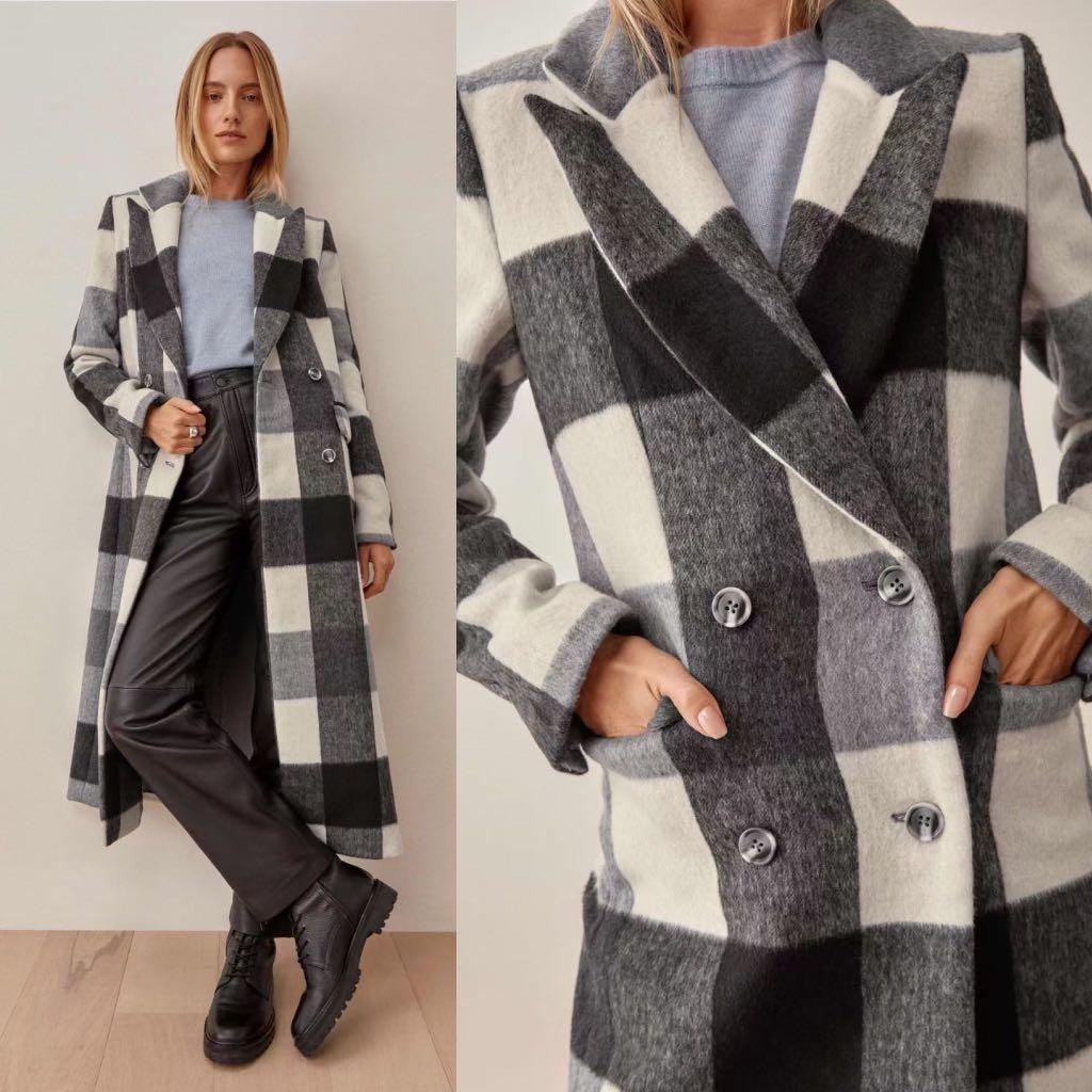 Reformation York Coat in Light Grey Plaid Black White Check Authentic