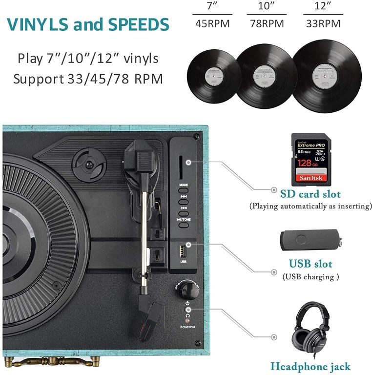 Vinyl Record Player Turntable Bluetooth with USB Built in Stereo