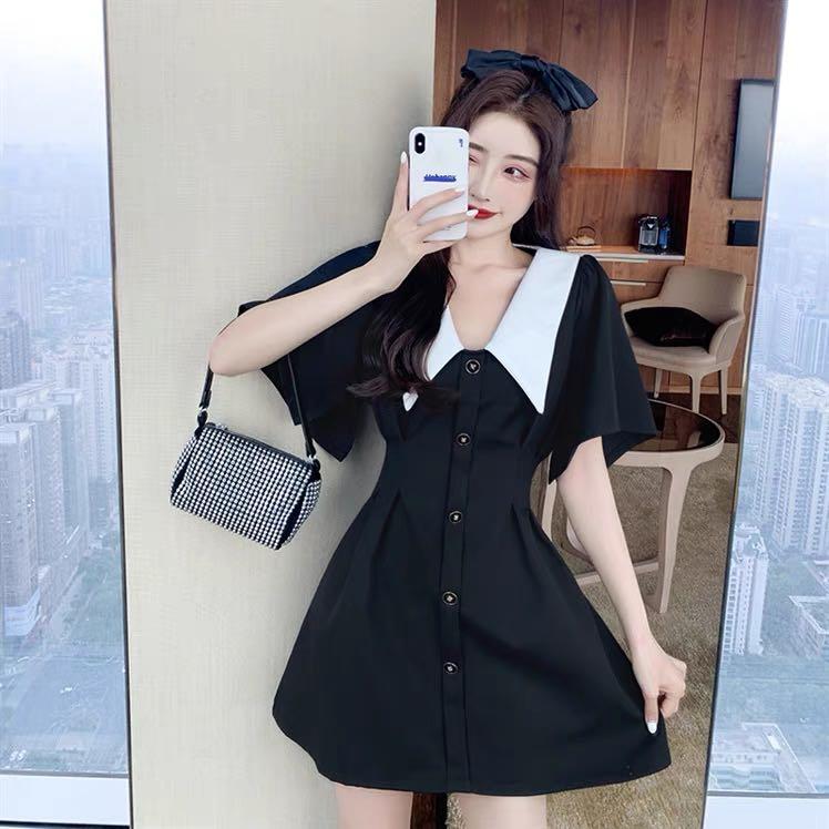 White Collared Button Down Black A Line Dress, Women's Fashion, Dresses u0026  Sets, Dresses on Carousell