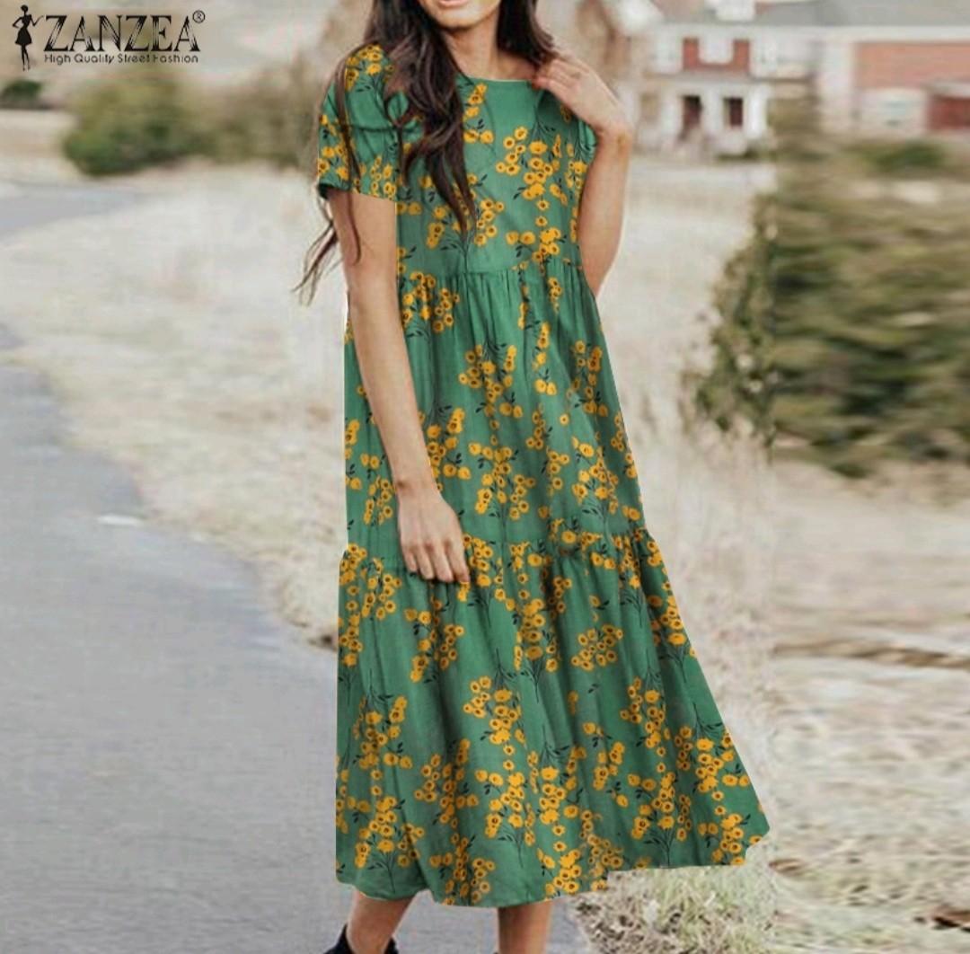women casual short sleeve yellow floral printed green long dress
