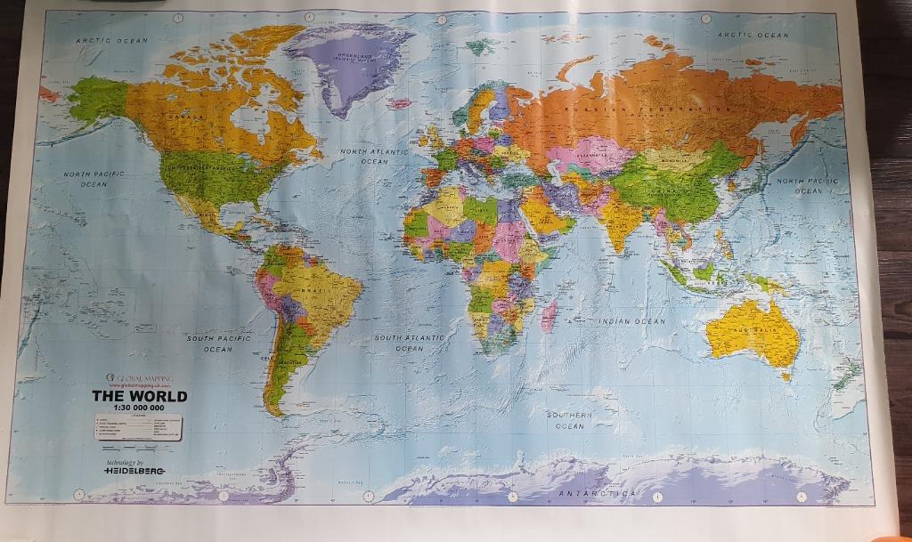 World Map (Category: Stamps & Prints) located in Singapore. Submitted by sunshinejo (Listing ID 1120125240, Image 1). Description: This piece has been rolled up and tuck away in my cupboard for a while, letting go now for $15. A little aged with small dots at the bottom edges but I supposed can be cleaned away. Self collection only at Bedok North, or same day courier as item may be dented by other means of sending. .