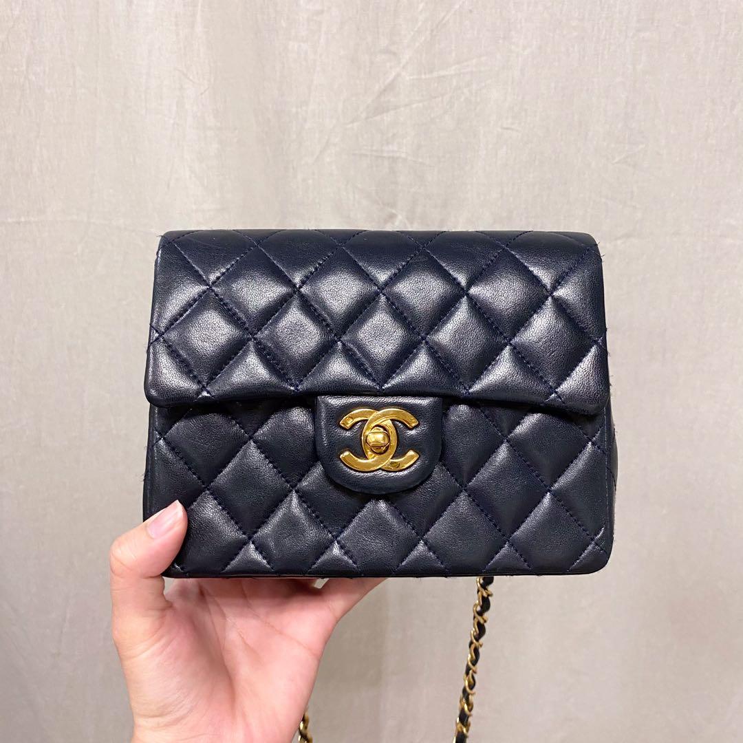 Authentic Chanel Navy Mini Square Classic Flap in Lambskin and