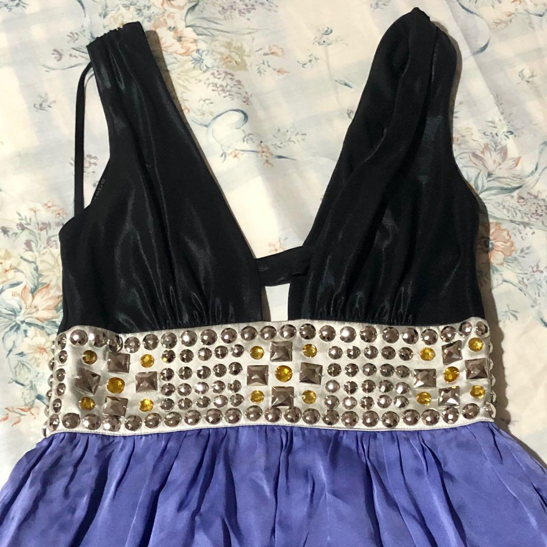 indigo satin/silk bedazzled party dress 