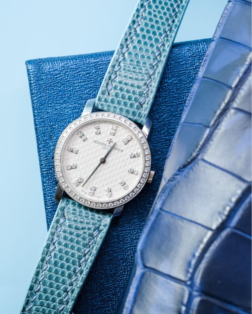 Handmade Handstitched Watch Strap In Miami Blue Lizard Leather For