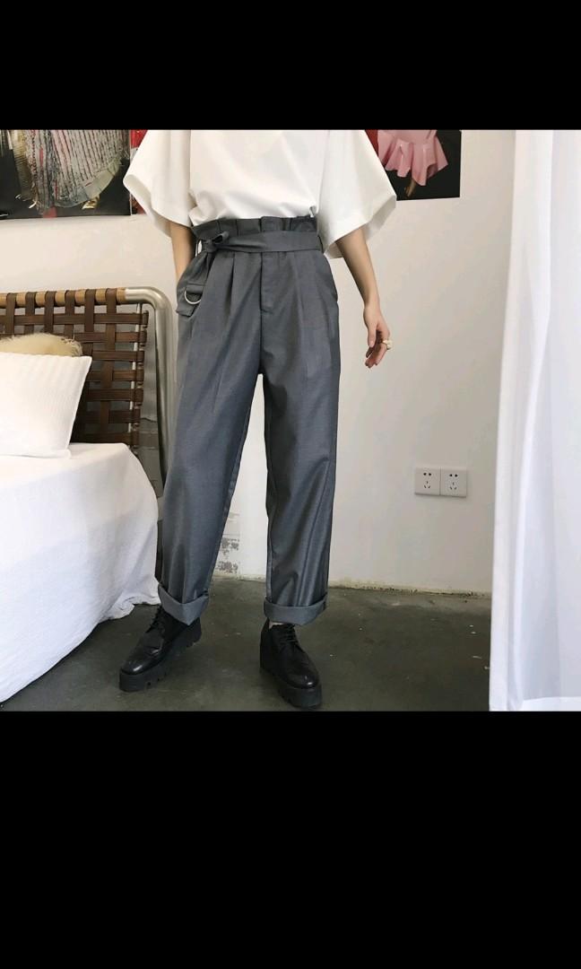 High waisted grey pleated trousers Men s Fashion Bottoms Chinos