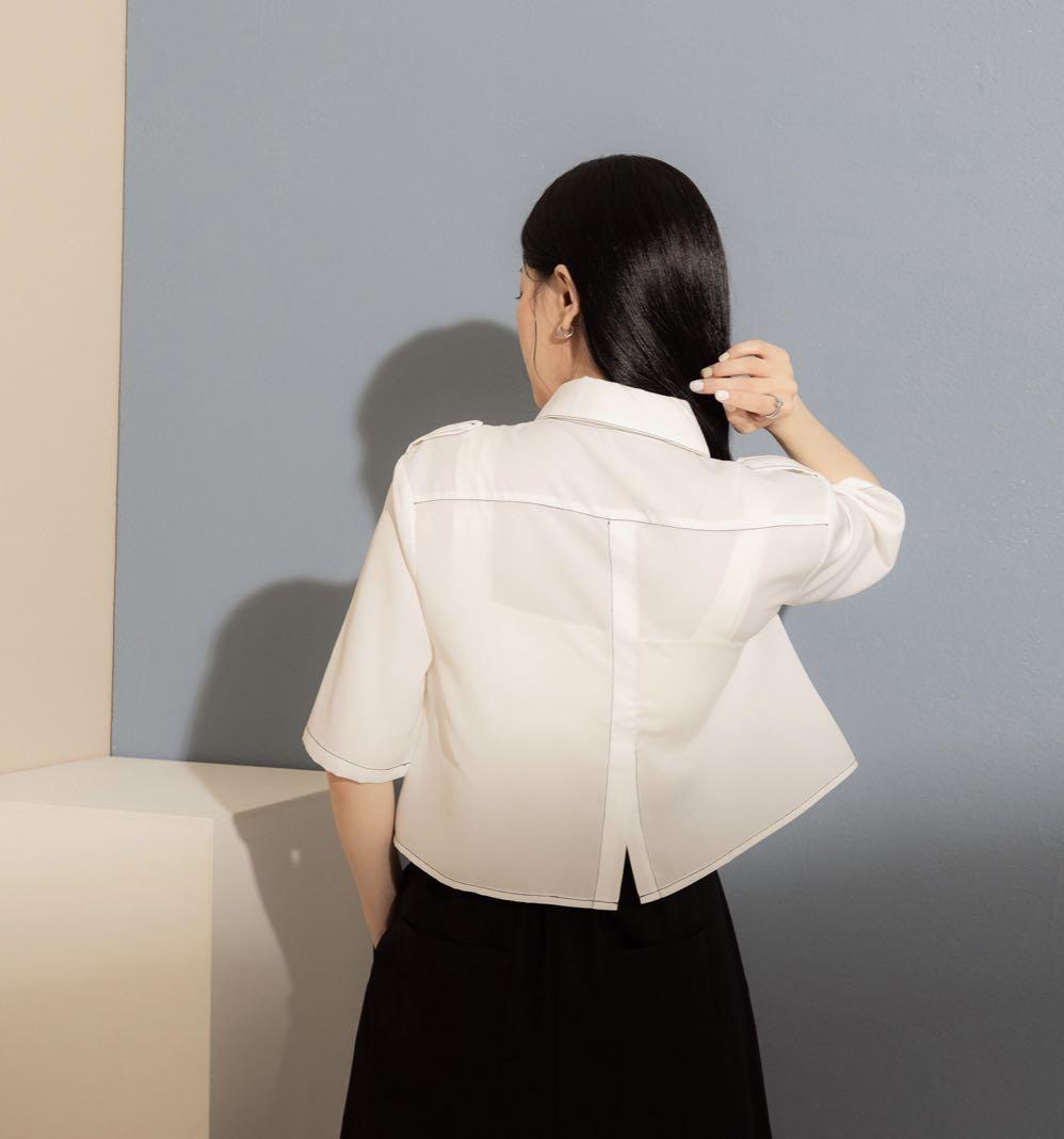 Meier Q 夢露尖領五分袖襯衫白m 她的時尚 上衣在旋轉拍賣