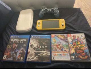 Nintendo switch lite and games + PS4 controller with games