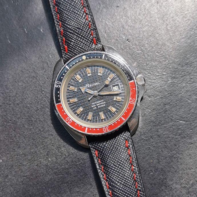 Precibel vintage diver french MRP SA case monnin (Category: Watches) located in Singapore. Submitted by mzzleather (Listing ID 1120344517, Image 1). Description: For sale is a super cool and uncommon 42mm Precibel (French market) diver watch with MRP SA case [some term it as Monnin case]. The uni-directional coke colour bakelite bezel has silver font and dial comes in a gorgeous waffle texture, capped off with big broad arrow hour hand and lollip