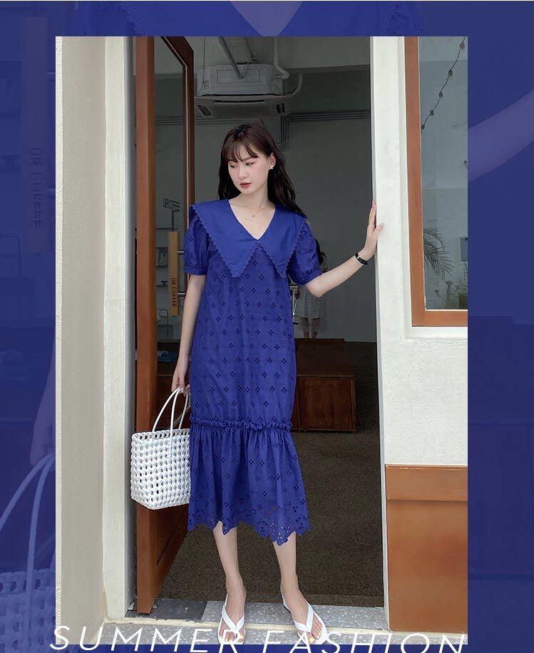 Reiko Oversized Collar Royal Blue Eyelet Dress Women s Fashion