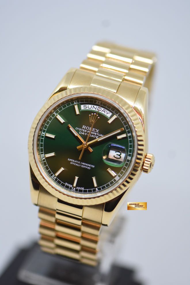 ROLEX OYSTER DAY DATE 36mm YELLOW GOLD IN PRESIDENT BRACELET GREEN