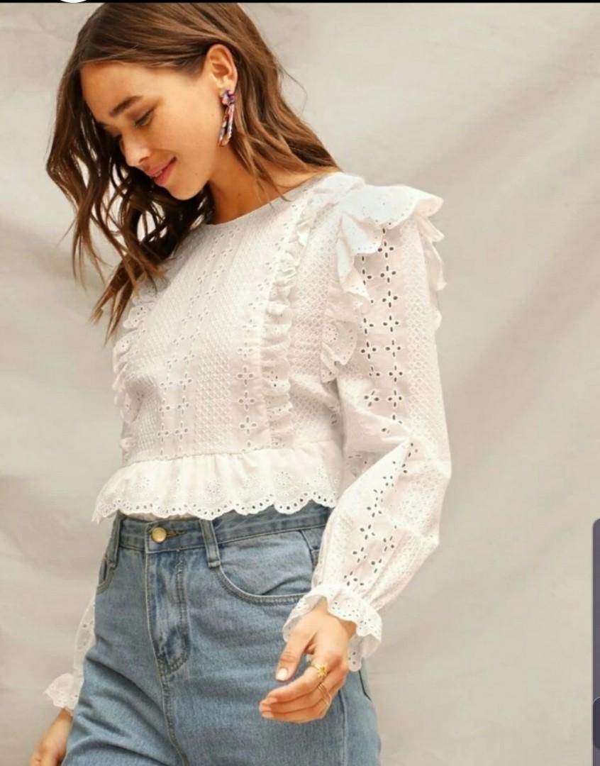 SHEIN Ruffle Trim Embroidered Eyelet Top, Women's Fashion, Tops