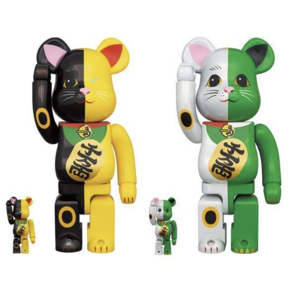 BEARBRICK 招財猫黒× 黄/白× 緑100％ & 400% be@rbrick lucky cat