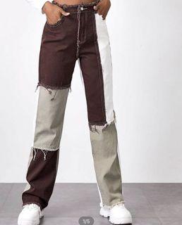 Brown spliced patch jeans