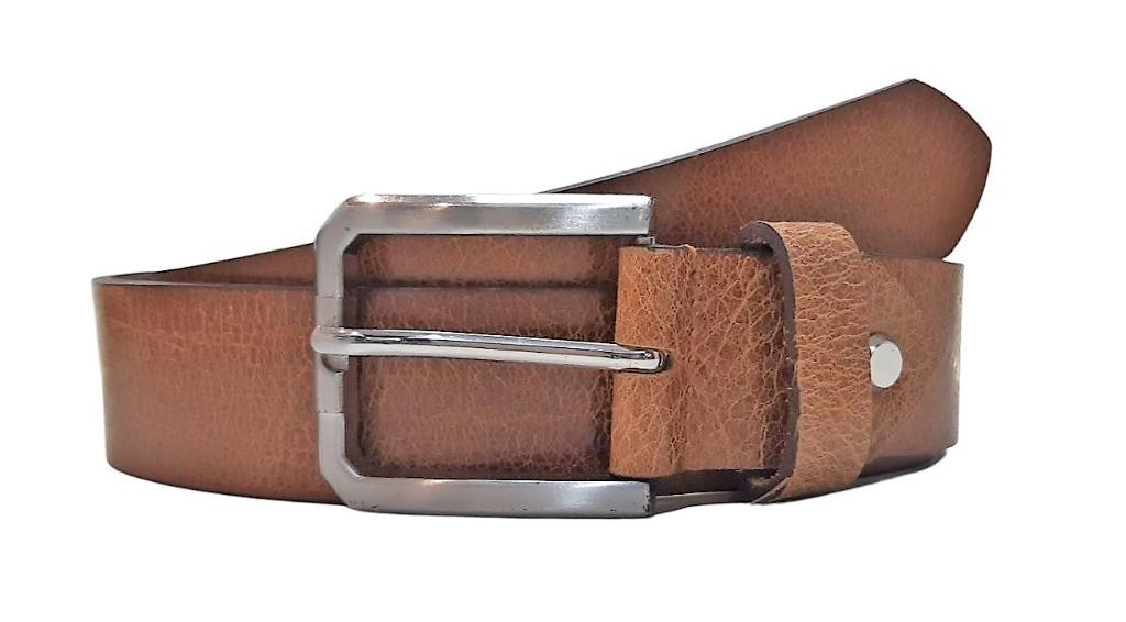 34mm Full Grain Real Leather Belt with Brass Colour Buckle - Vintage Brown