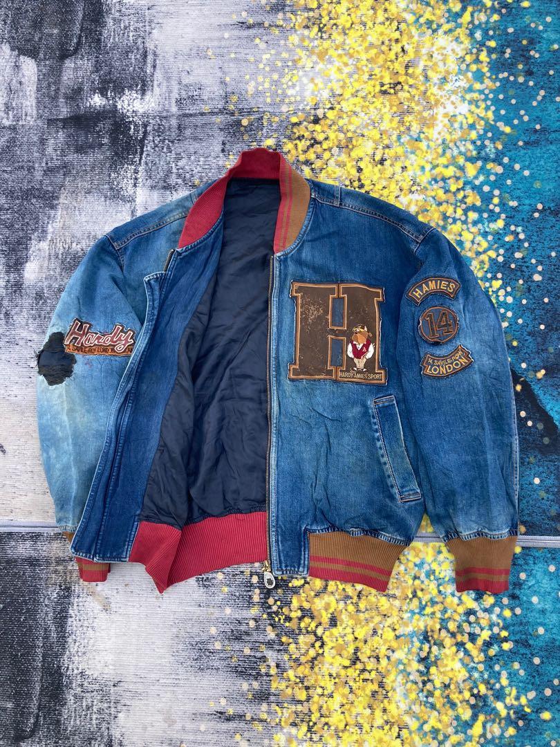 Distressed Hardy Amies Denim Bomber Jacket Men s Fashion Coats