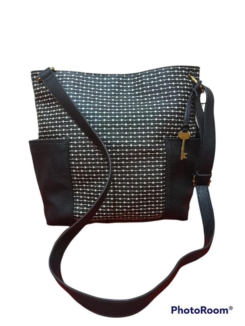 Fossil Lane North South Crossbody Black Stripe Barang Mewah Tas