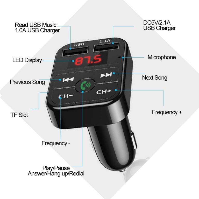 Instock] Car Bluetooth 5.0 FM Transmitter Wireless Adapter Mic Audio  Receiver Auto MP3 Player 2.1A Dual USB Fast Charger, Computers & Tech,  Parts & Accessories, Cables & Adaptors on Carousell