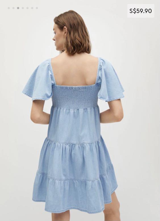 denim party dresses POTILI Dress for Women Puff Short Sleeve Jean Denim Mini Ruffled Length alemais dress Champagne Dress Up Shoe Color:royal-plum