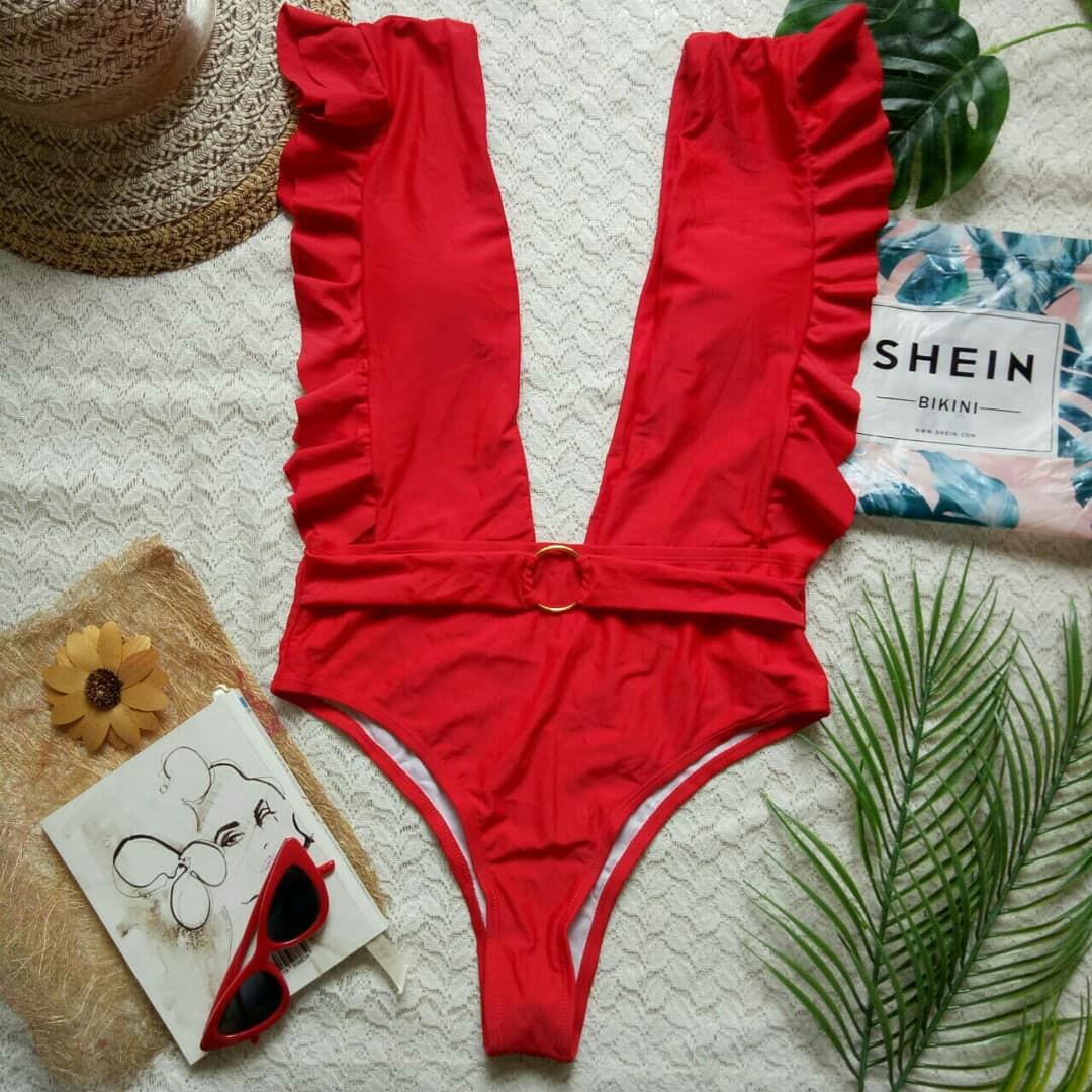 Shein Red Plunging V Neck One Piece Swimsuit Large Women S Fashion Swimwear Bikinis Swimsuits On Carousell