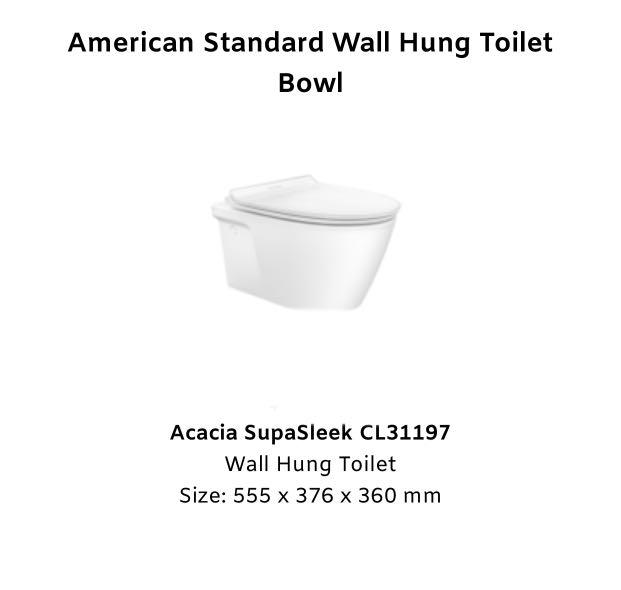 American Standard WallHung Toilet Bowl, Furniture & Home Living