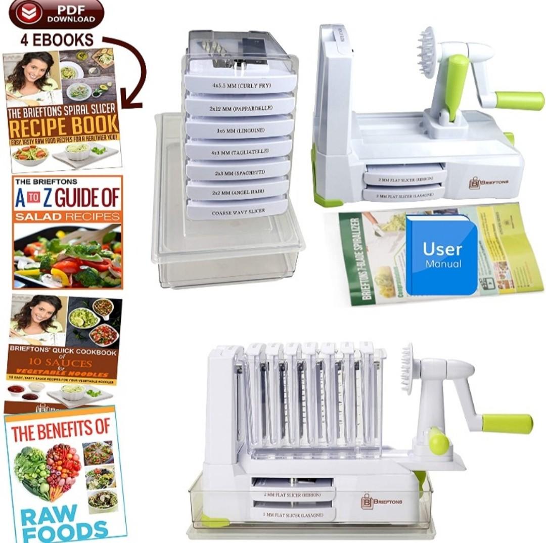 Brieftons 7-Blade Vegetable Spiralizer: Strongest-Heaviest Spiral Slicer,  Best Veggie Pasta Spaghetti Maker for Low Carb/Paleo/Gluten-Free Meals,  With Container, Lid, Blade Caddy & 4 Recipe Ebooks: Home & Kitchen 