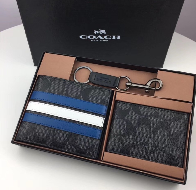 Coach Original Men Wallet Signature Varsity Stripe Blue White Men Original Classic Signature Collection Wallet For Men With Keychain box Set Suitable for Gift Men s Fashion Watches Accessories Wallets...