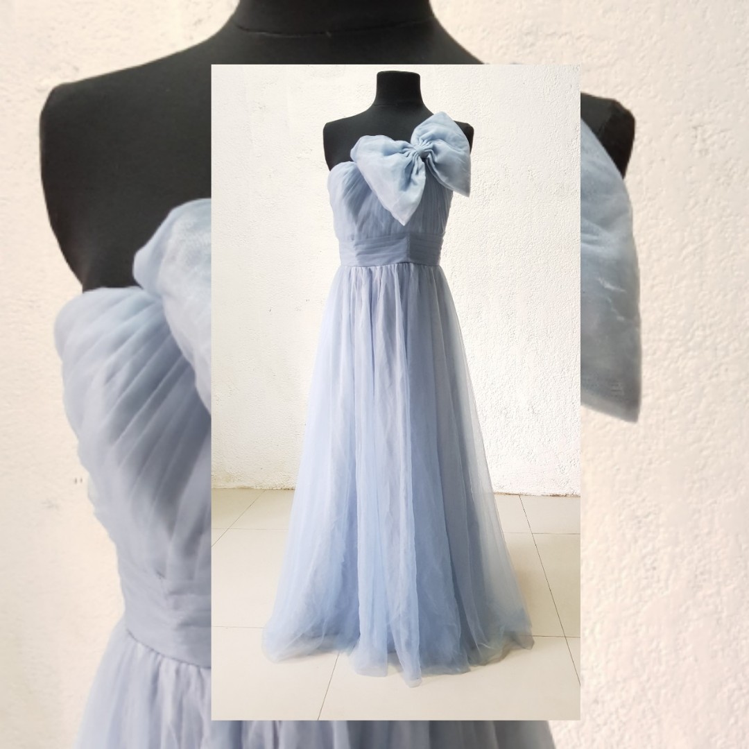 Dusty blue powder blue one shoulder with ribbon gown simple beaded gown