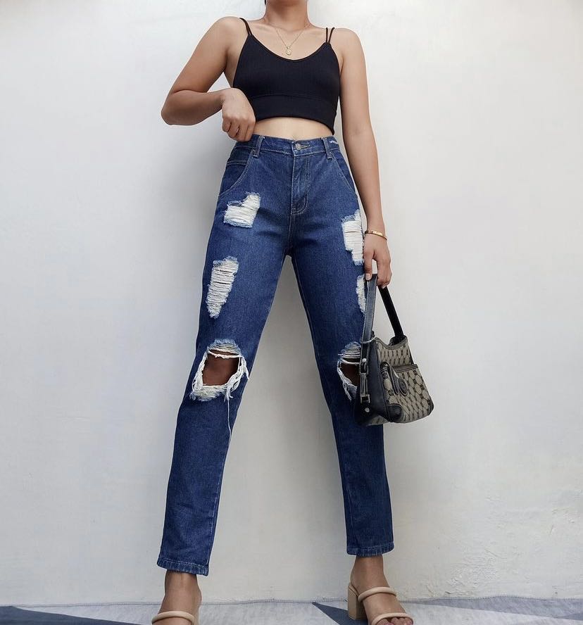 High waist tattered jeans, Women's 