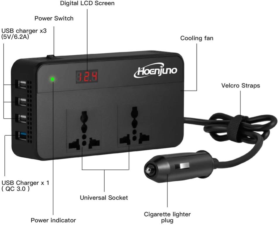 FOVAL 200W Car Power Inverter - 12V To 110V Converter With 4 USB Ports & 2 AC Outlets For Road Trips