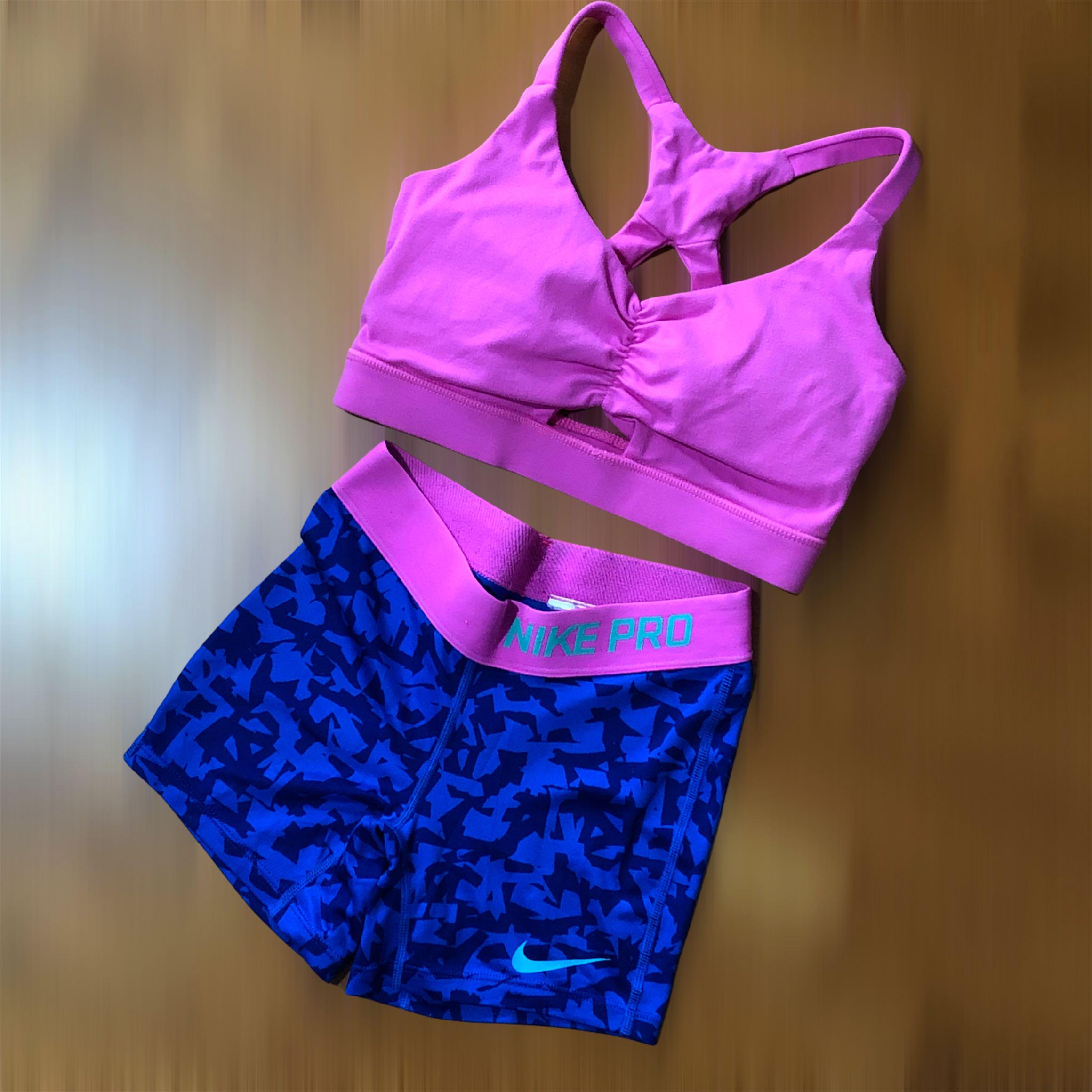 Set> Nike Pro Shorts & Sports Bra - Dri Fit Pink Blue XS Extra Small,  Women's Fashion, Activewear on Carousell