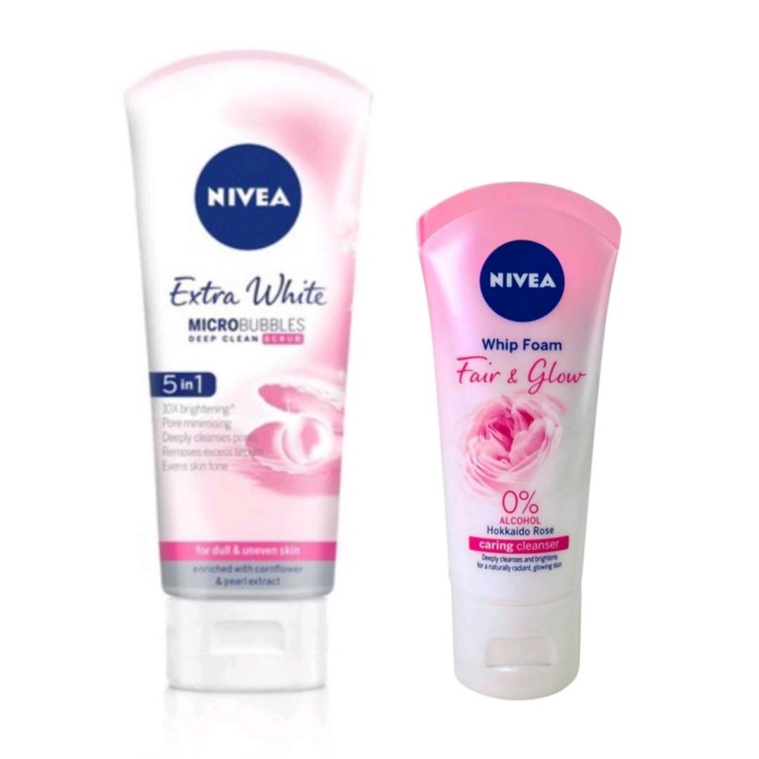 Nivea Face Cleanser Extrawhite 5 In 1 Deep Clean Scrub 100g Fair Glow Hokkaido Rose Whip 50ml Beauty Personal Care Face Face Care On Carousell