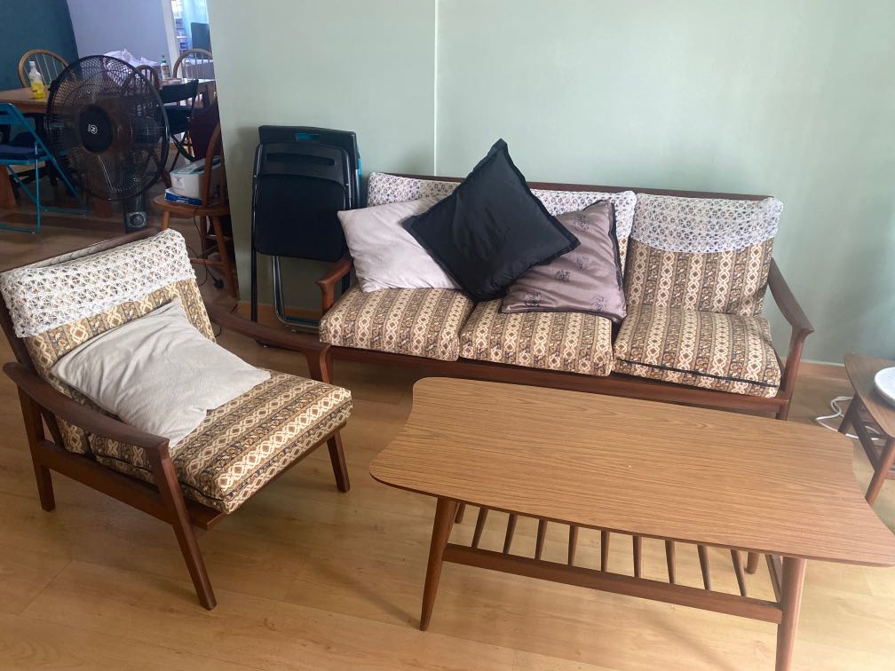 Old school sofa set + coffee table, Furniture & Home Living, Furniture, Sofas on Carousell
