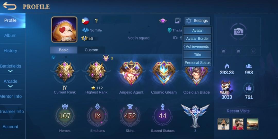PREMIUM Mobile Legends account (Category: Game Gift Cards & Accounts) located in Quezon City. Submitted by cajmonet (Listing ID 1117027980, Image 1). Description: Message me for more details. VERY NEGOTIABLE!!! Almost 500 skins Decent winrate Complete heroes Max emblems Exclusive avatar borders/recalls/respawn/kill animations & etc RFS: Need funds and quitting. Clean bind..