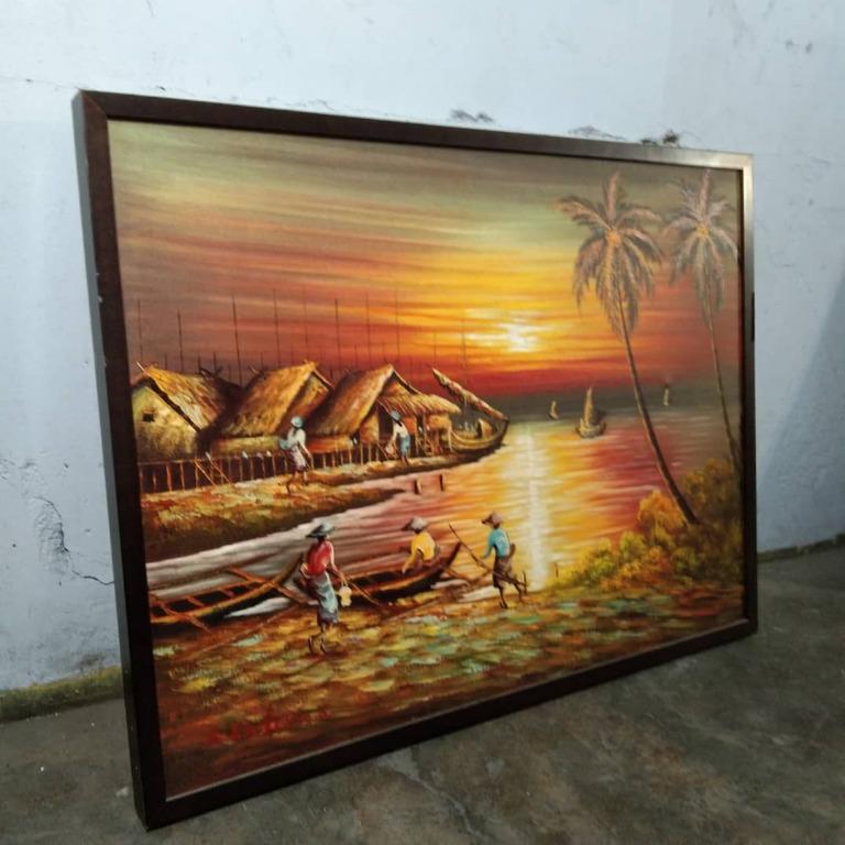 lukisan pemandangan waktu senja di kampung nelayan