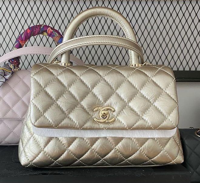 Authentic Chanel coco handle small flap distressed gold calfskin 20A