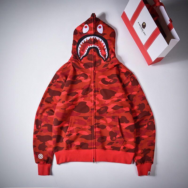 Men's BAPE Camo PONR Shark Full Zip Hoodie in Red