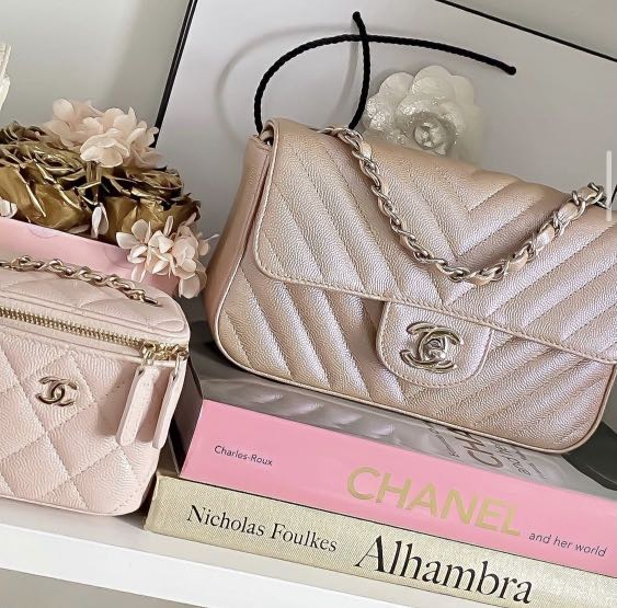 Chanel Iridescent Rose Gold Chevron Quilted Caviar Mini Flap