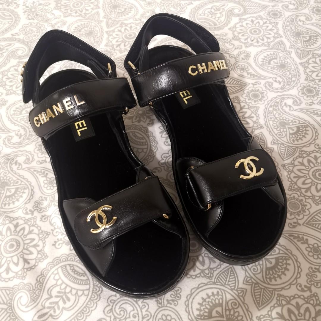 Chanel black leather Dad sandals 37
